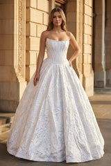 White - A Line Strapless Jacquard Long Prom Dresses