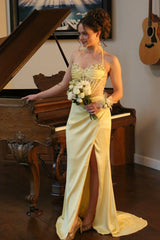 Yellow Halter Pleated Sheath Satin Long Prom Dresses With Beading