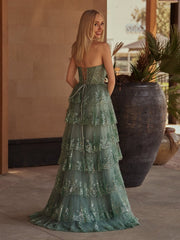 Sky Blue A Line Strapless Ruffle Sequin Lace Prom Dresses