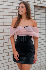 Black - Off The Shoulder Satin Homecoming Dress With Corset Bodice
