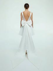 A-Line Satin V-Neck Short Wedding Dress with Large Bow