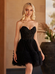 Black - A Line Tulle Sweetheart Ruffles Homecoming Dresses with Beads