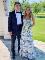 Blue Sweetheart A Line Long Floral Prom Dress