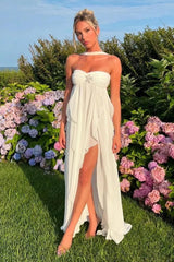 White Strapless A Line Chiffon Pleated Long Prom Dresses With Ruffles