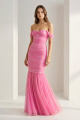 Off Shoulder Pink Ruched Long Prom Dress with Ruffle Hem