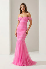 Off Shoulder Pink Ruched Long Prom Dress with Ruffle Hem