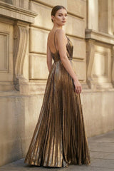 Gold A-Line Spaghetti Straps V-Neck Metallic Long Prom Dress