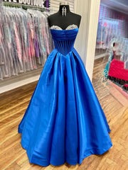 A-Line Beaded Sweetheart Royal Blue Satin Prom Dress