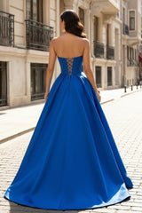 A-Line Beaded Sweetheart Royal Blue Satin Prom Dress