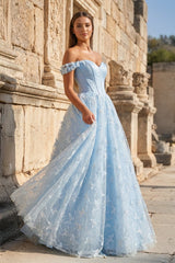 A Line Off the Shoulder Satin Lace Prom Dress