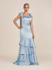 Light Blue Straps with Bows Mermaid Satin Tiered Long Bridesmaid Dress