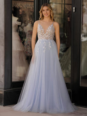 Light Blue V Neck Lace-Up Appliques Tulle Long Prom Dress