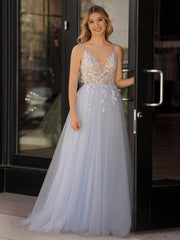 Light Blue V Neck Lace-Up Appliques Tulle Long Prom Dress
