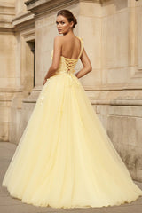 Light Yellow One Shoulder 3D Appliques Beading Long Prom Dress with Slit