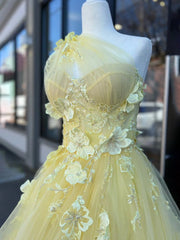 Light Yellow One Shoulder 3D Appliques Beading Long Prom Dress with Slit