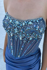 Strapless Mermaid Satin Beaded Prom Dress With Split