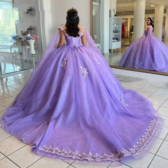 Lilac Ball-Gown Tulle Quinceanera Dresses 3D Flowers With Cape