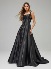 Black A-Line Straps Square Beads Pleated Long Prom Dress