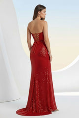 Red Strapless Mermaid Sequins Pleated Formal Prom Dresses With Slit