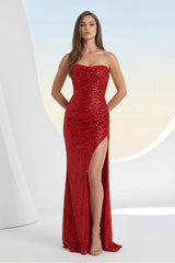 Red Strapless Mermaid Sequins Pleated Formal Prom Dresses With Slit