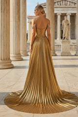 Off the Shoulder Gold A-Line Metallic Pleated Long Formal Gown
