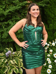 Emerald Green - Spaghetti Straps Bodycon Metallic Keyhole Homecoming Dress