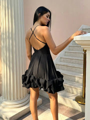 Black - A Line Satin Scoop Neck Ruffles Short Homecoming Dresses
