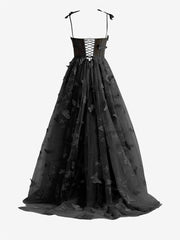 Black A-line Butterfly Lace Lilac Corset Prom Dress with Slit