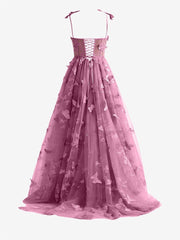 Candy Pink A-line Butterfly Lace Lilac Corset Prom Dress with Slit