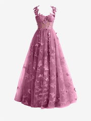 Candy Pink A-line Butterfly Lace Lilac Corset Prom Dress with Slit