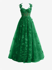 Dark Green A-line Butterfly Lace Lilac Corset Prom Dress with Slit