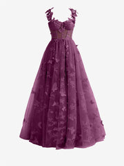 Grape A-line Butterfly Lace Lilac Corset Prom Dress with Slit