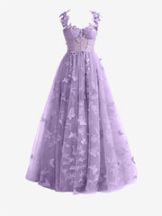 Light Purple A-line Butterfly Lace Lilac Corset Prom Dress with Slit
