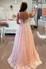 Pink Sweetheart A Line Sequined Lace Long Prom Dresses With Bow