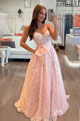 Pink Sweetheart A Line Sequined Lace Long Prom Dresses With Bow