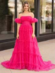 A-Line Strapless Ruffles Long Formal Dress with Puff Sleeves