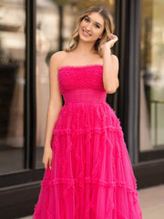 A-Line Strapless Ruffles Long Formal Dress with Puff Sleeves