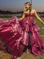 Ball Gown Strapless Organza Long Prom Dresses with Bow