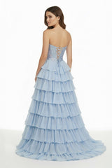 Sky Blue Strapless A Line Chiffon Ruffled Long Formal Prom Dresses With Sequins