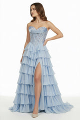 Sky Blue Strapless A Line Chiffon Ruffled Long Formal Prom Dresses With Sequins