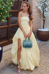 Yellow - Strapless A Line Satin Pleated Prom Dresses With Slit
