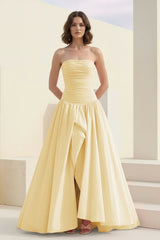 Yellow - Strapless A Line Satin Pleated Prom Dresses With Slit