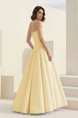 Yellow - Strapless A Line Satin Pleated Prom Dresses With Slit