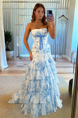 Blue Sheath Strapless Chiffon Ruffled Prom Dresses With Bow