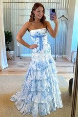 Blue Sheath Strapless Chiffon Ruffled Prom Dresses With Bow