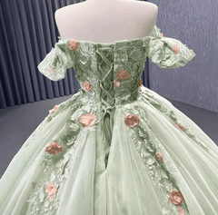Sage Green Off The Shoulder Lace Up Back Ball Gown Quinceanera Dress