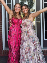 A-Line Strapless Floral Print Ruffle Long Prom Dress with Slit
