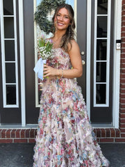 A-Line Strapless Floral Print Ruffle Long Prom Dress with Slit