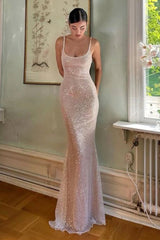 Simple Pink Mermaid Straps Sequin Prom Dresses With Split