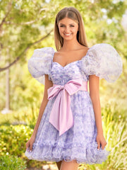 A-Line Sweetheart Lavender Short Homecoming Dress With Puff Sleeves
